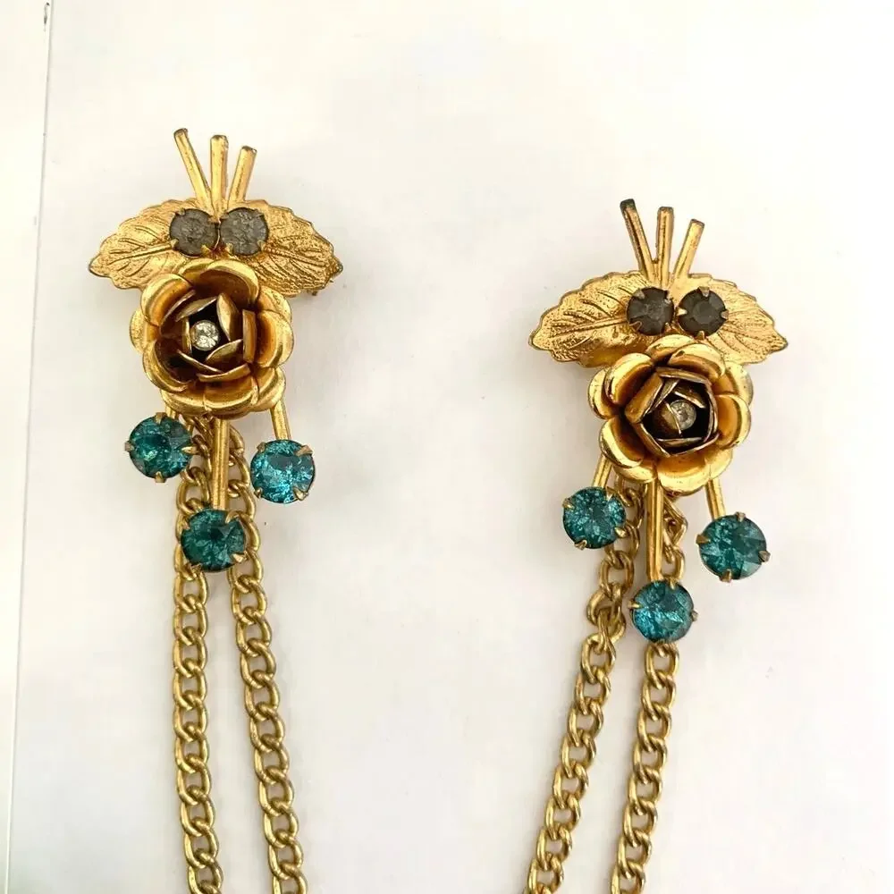 Vintage 1950s Sweater Clip Double Brooch Teal Rhinestone Gold Tone Chain Elegant